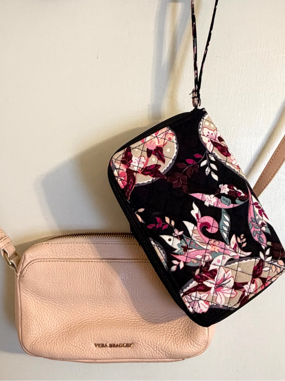 Vera Bradley Black Floral Quilted Crossbody Wristlet with Pink Leather Pouch